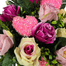 Load image into Gallery viewer, Elegant Mix of Pink and Cream Roses with Shimmering Love Hearts Cemetery Cone Memorial Decoration
