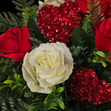 Load image into Gallery viewer, Elegant Red and Cream Roses with Shimmering Love Hearts Cemetery Cone Memorial Decoration

