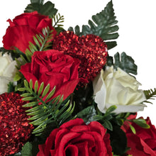 Load image into Gallery viewer, Elegant Red and Cream Roses with Shimmering Love Hearts Cemetery Cone Memorial Decoration
