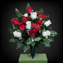 Load image into Gallery viewer, Red &amp; White Rosebud with Love Hearts Cemetery Cone Memorial Decoration
