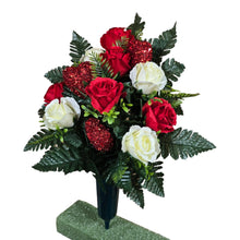 Load image into Gallery viewer, Elegant Red and Cream Roses with Shimmering Love Hearts Cemetery Cone Memorial Decoration
