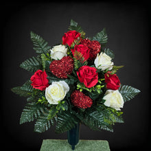 Load image into Gallery viewer, Elegant Red and Cream Roses with Shimmering Love Hearts Cemetery Cone Memorial Decoration
