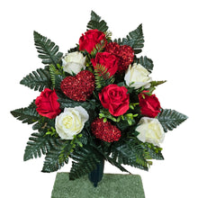 Load image into Gallery viewer, Elegant Red and Cream Roses with Shimmering Love Hearts Cemetery Cone Memorial Decoration
