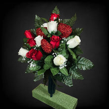 Load image into Gallery viewer, Red &amp; White Rosebud with Love Hearts Cemetery Cone Memorial Decoration
