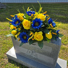 Load image into Gallery viewer, Yellow &amp; Blue Headstone Saddle Memorial Decoration

