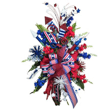 Load image into Gallery viewer, Glitzy Patriotic Front Door Swag--Red, White, and Blue with semi quincentennial decor with fireworks, rockets, and flashy Bow
