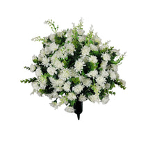 Load image into Gallery viewer, This cemetery cone has grave flowers including cream mini mums. It is perfect for a funeral or cemetery decoration.
